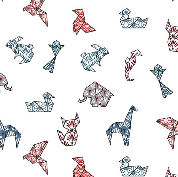 TISSU COTON IMPRME ORIGAMI GRIS ROUGE