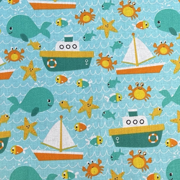 TISSU COTON IMPRIME BALEINE VERTE THEME MER