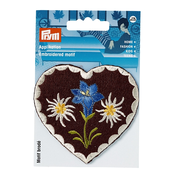 Ecusson Renf coeur brun fleur edelweiss/gentiane