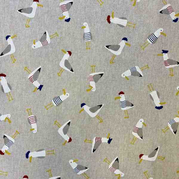 TISSU ASPECT LIN MOTIF MOUETTES STYLE BORD DE MER