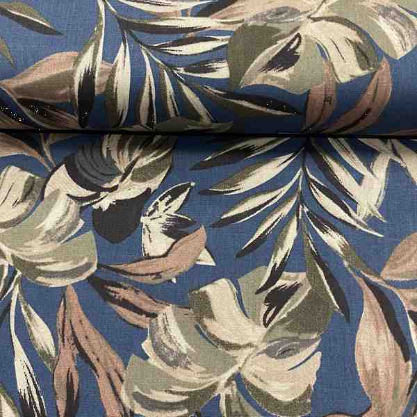 TISSU COTON IMPRIME FEUILLAGE FOND BLEU MARINE