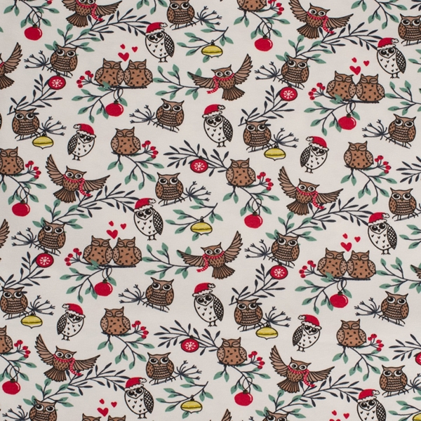  TISSU JERSEY HIBOU DE NOEL NATUREL