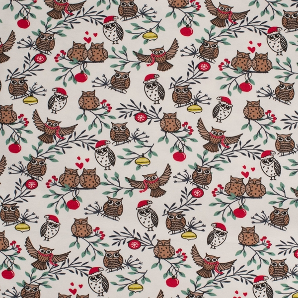 TISSU NOEL JERSEY HIBOU FOND NATUREL