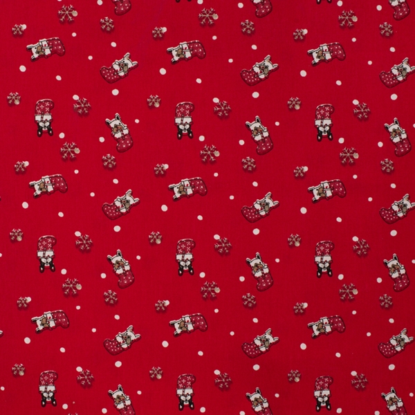 TISSU POPELINE DE COTON NOEL ROUGE CHIEN BULLDOG