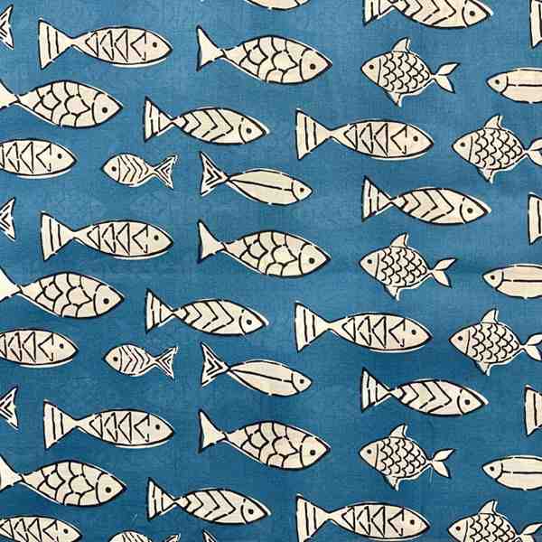 TISSU COTON IMPRIMÉ INDIENNE POISSONS BLEUE