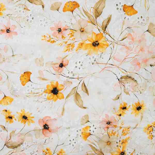 TISSU BRODERIE ANGLAISE IMPRIMEE FLEUR JAUNE