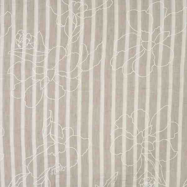 TISSU LIGNES RAYÉ FLOQUAGE FLORALE BEIGE ECRU