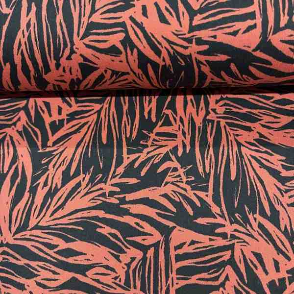 TISSU SATIN COTON FEUILLAGE ROUGE ORANGE