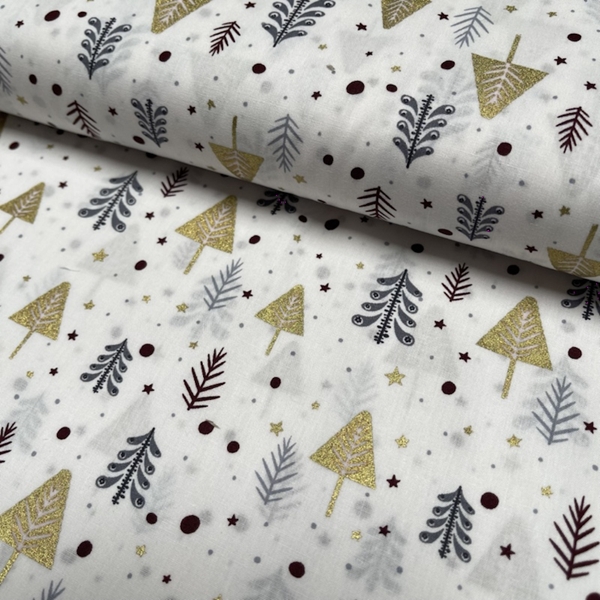 TISSU COTON IMPRIME DE NOEL SAPIN OR GRIS