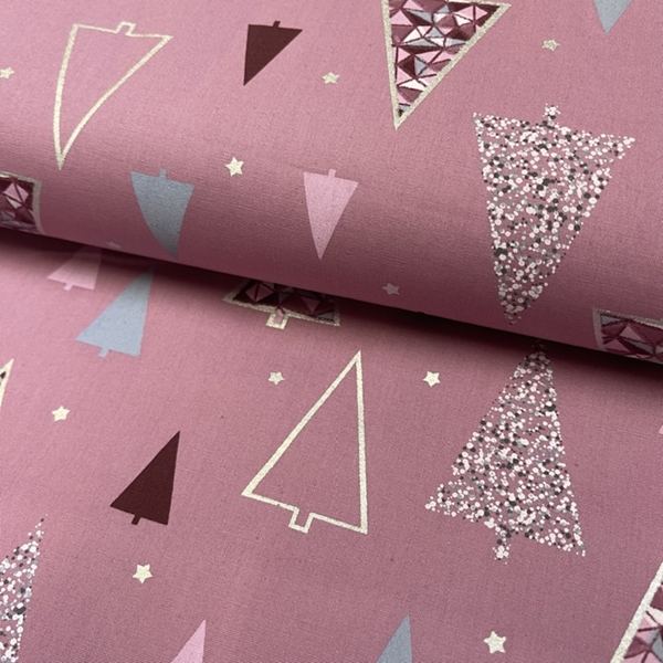 TISSU NOEL COTON FOND ROSE SAPIN MULTI 