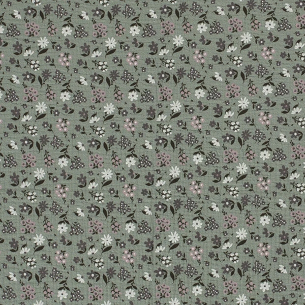 TISSU DOUBLE GAZE PETITE FLEURETTE VERT KAKI