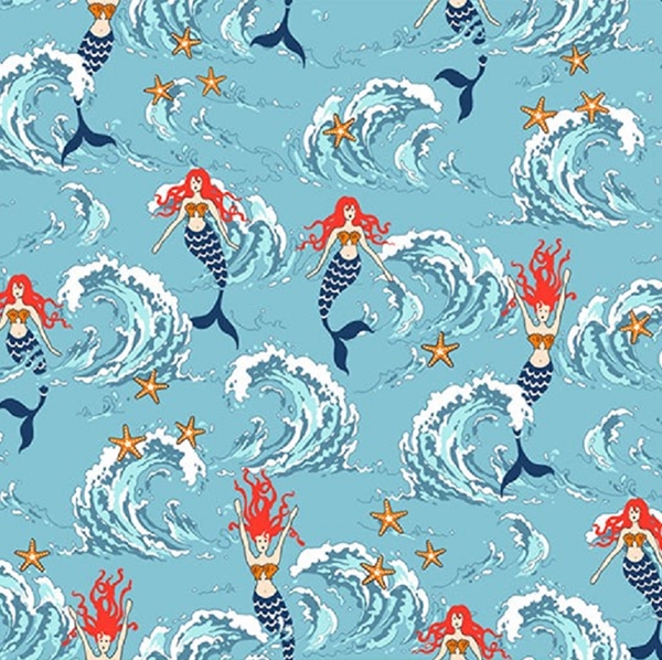 TISSU COTON SIRENE BLEU THEME MER