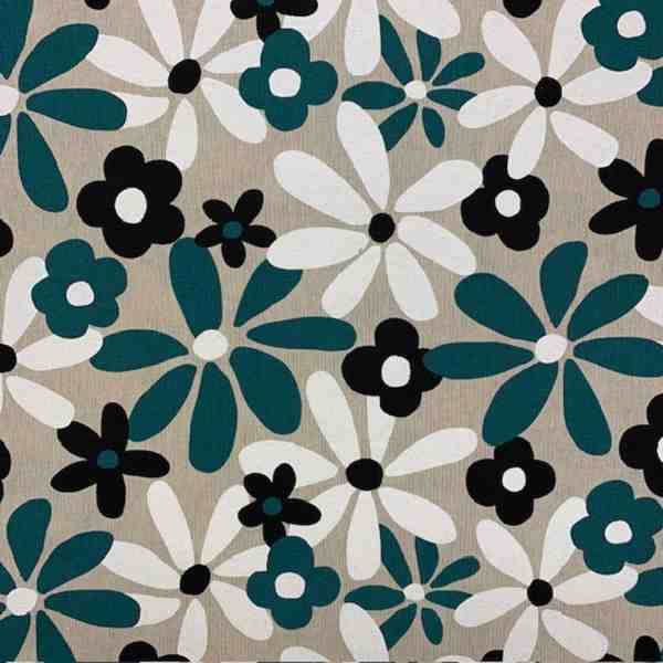 TOILE ASPECT LIN ENDUIT FLEURS HIPPIE BLEU OCEAN