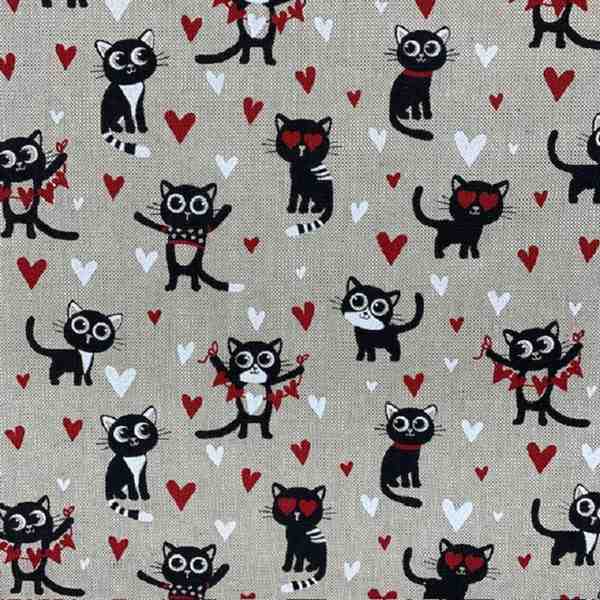 TISSU TOILE ASPECT LIN  CHAT LOVE NOIR ROUGE