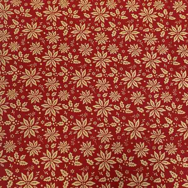 TISSU COTON  FLEURS DE NOËL OR FOND ROUGE
