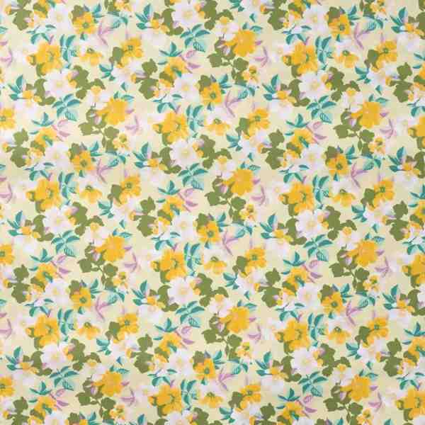 TISSU COTON IMPRIMÉ FLEURS JAUNES ET VERTES