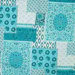 TISSU VISCOSE IMPRIMÉ PATCHWORK TURQUOISE ET BLANC