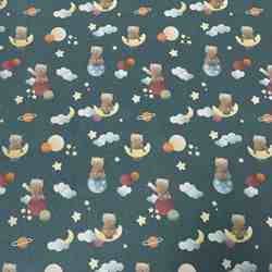 TISSU COTON OURSONS ET GALAXIE  FOND BLEU PTROLE