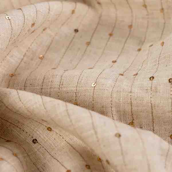 TISSU VISCOSE LIN BEIGE SEQUINS BRODES OR